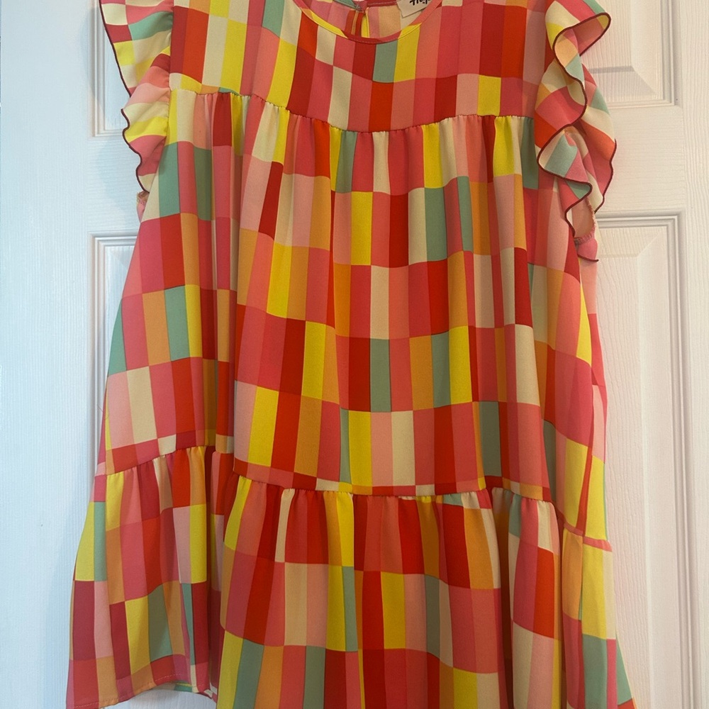 Red and Orange Sleeveless Ruffled Blouse